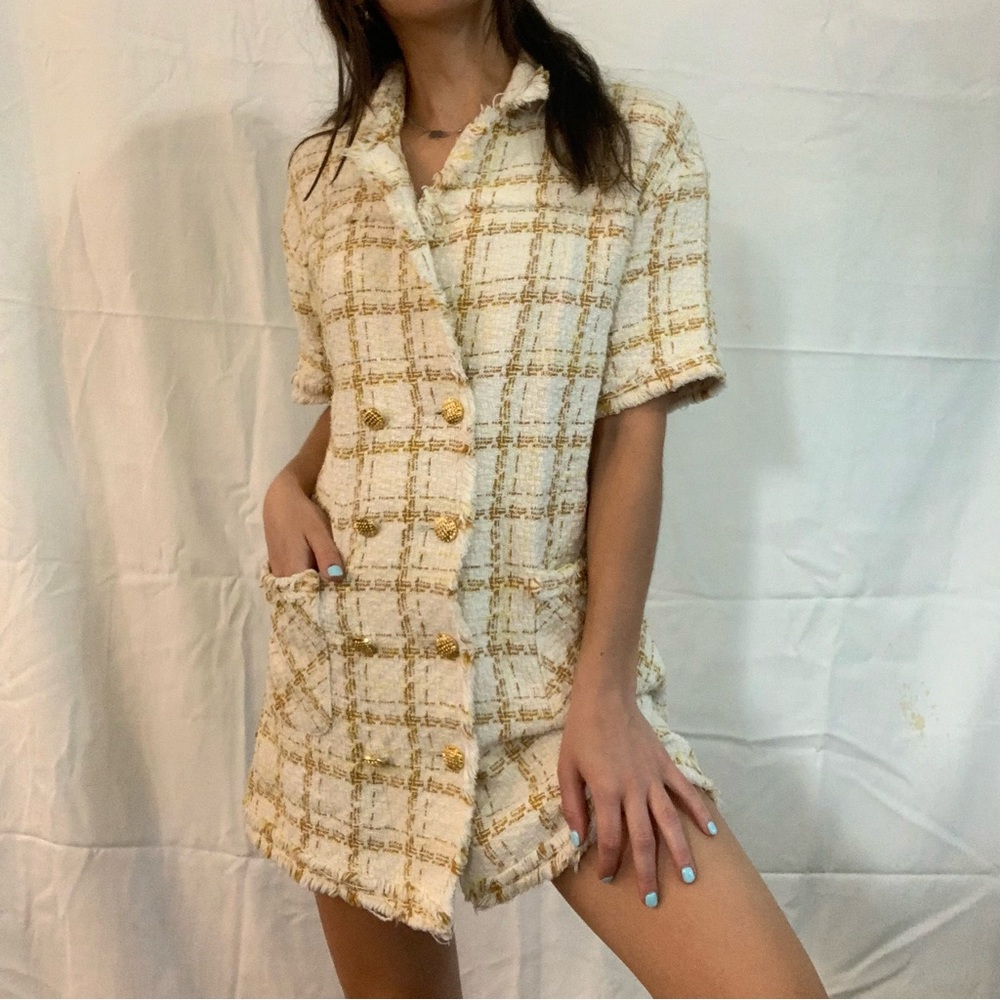 checkered plaid double breasted button down mini dress